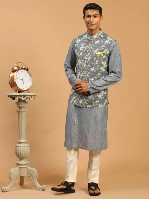 Jashvi Men's Grey Printed Nehru Jacket And kurta With Cream Viscose Pant Set