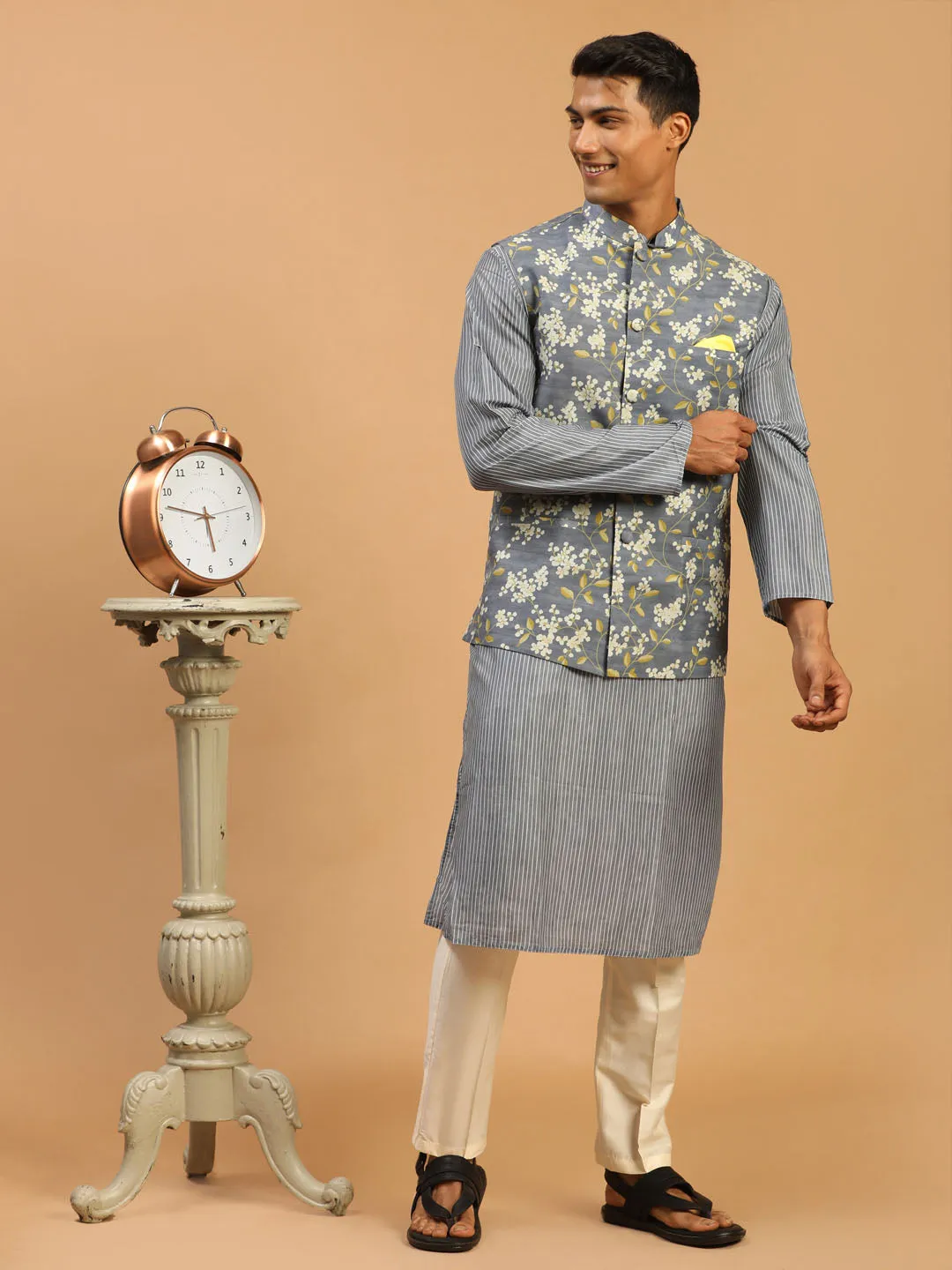 Jashvi Men's Grey Printed Nehru Jacket And kurta With Cream Viscose Pant Set