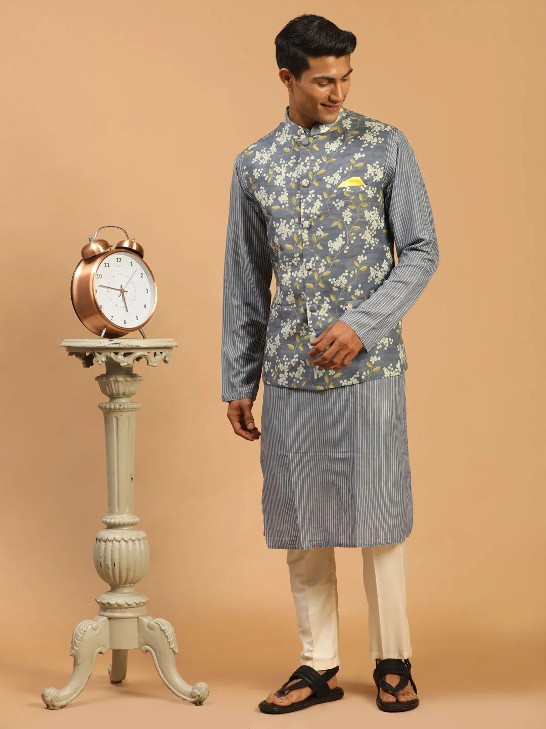Jashvi Men's Grey Printed Nehru Jacket And kurta With Cream Viscose Pant Set