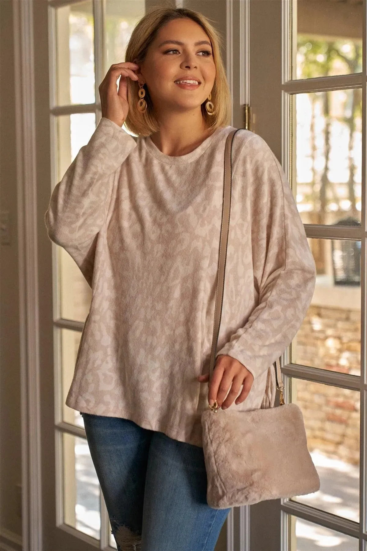 Junior Plus Size Mauve & Ivory Animal Print Gathered Sides Detail Long Sleeve Top /3-2