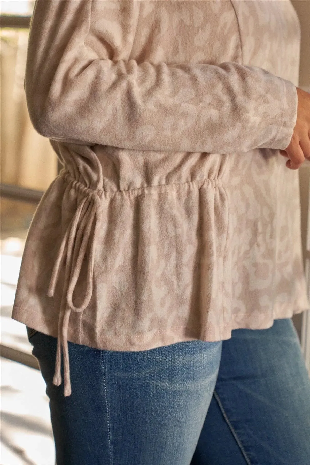 Junior Plus Size Mauve & Ivory Animal Print Gathered Sides Detail Long Sleeve Top /3-2