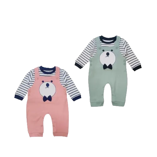 Kids Striped Shirt with Printed Dungaree Set (Pink and Steel Blue)