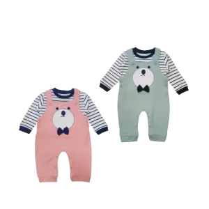 Kids Striped Shirt with Printed Dungaree Set (Pink and Steel Blue)