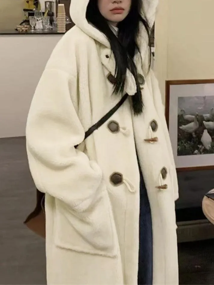 LANFUBEISI - Horn Button lambswool Hooded Jacket