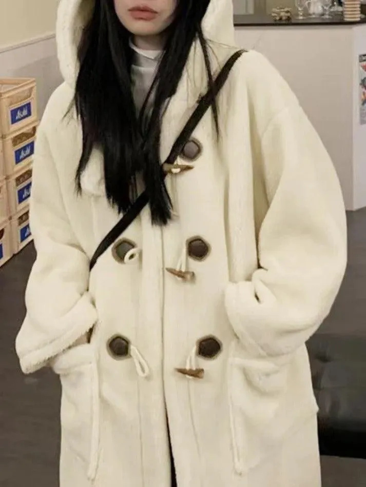 LANFUBEISI - Horn Button lambswool Hooded Jacket