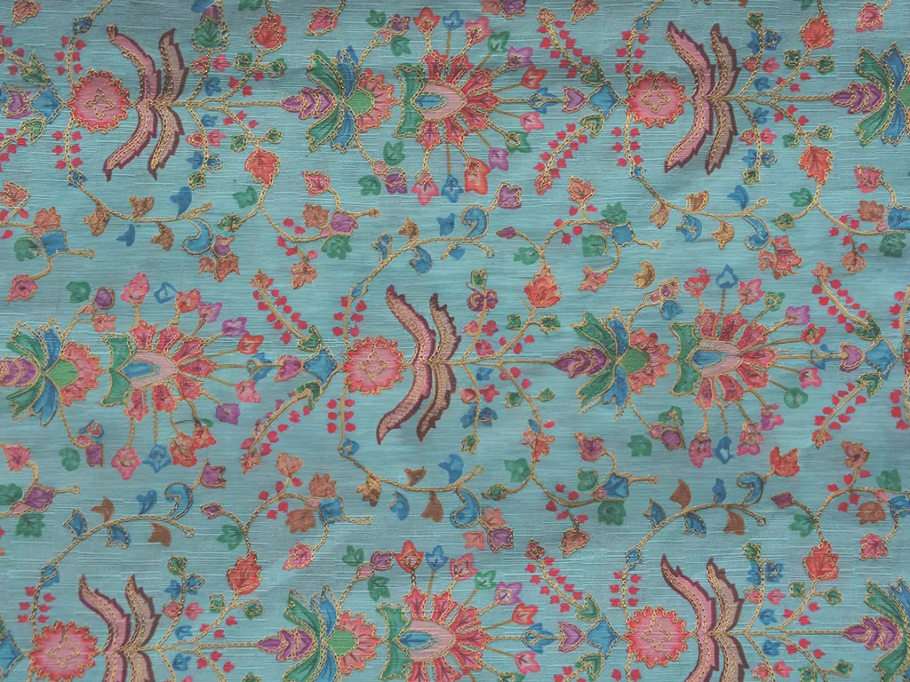 Light Teal Traditional Digital Print Heavy Zari Embroidered Mulberry Silk Fabric