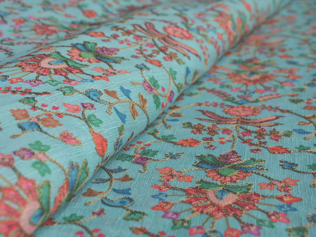 Light Teal Traditional Digital Print Heavy Zari Embroidered Mulberry Silk Fabric