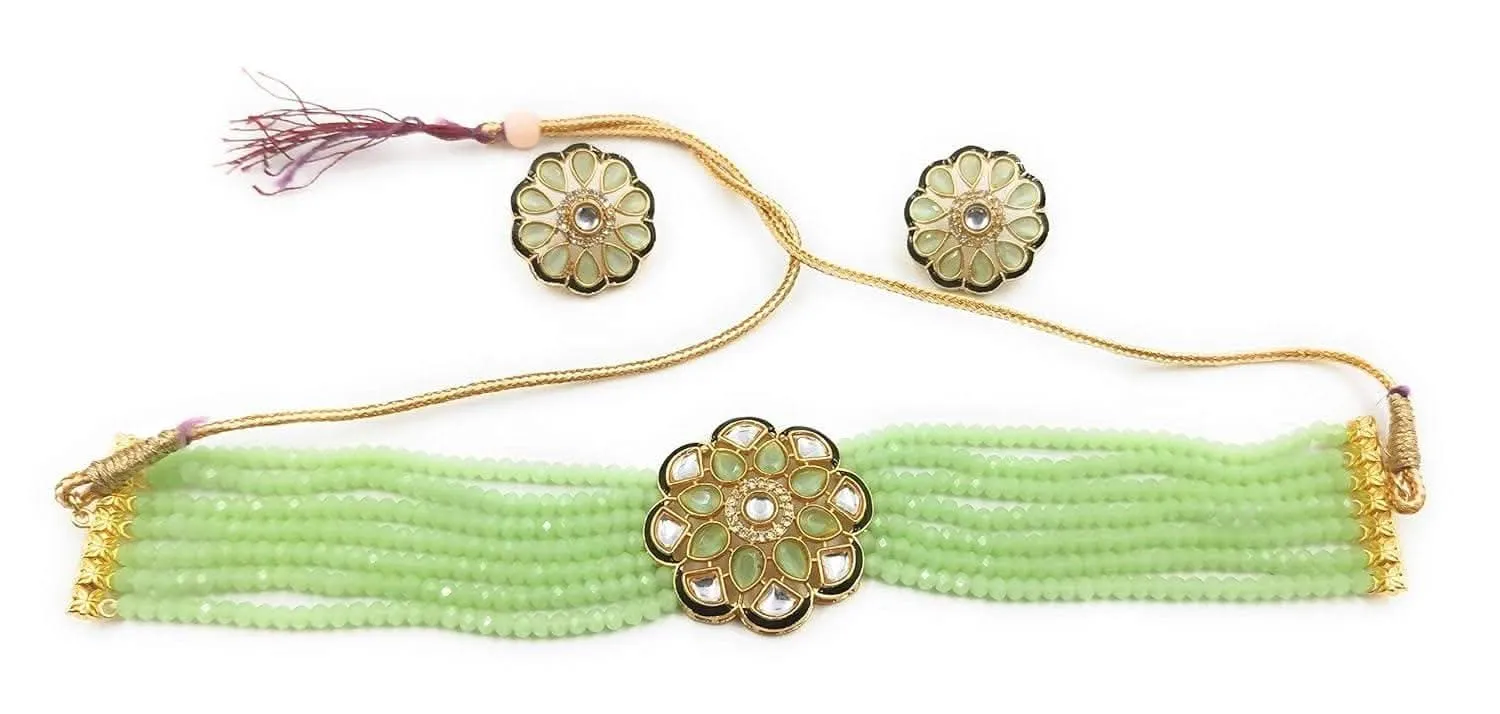 Meenakari ad kundan chokar light green color necklace with earrings