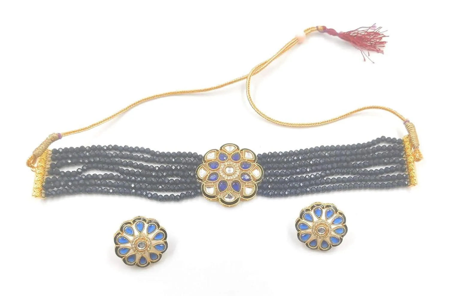 Meenakari ad kundan chokar royal navy color necklace with earrings
