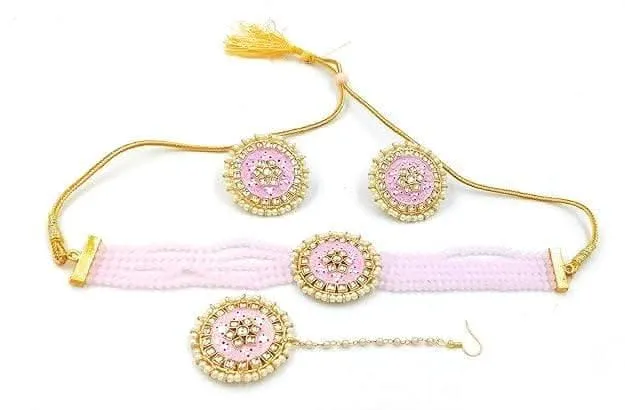 Meenakari designer kundan chokar light baby pink color jewellery set