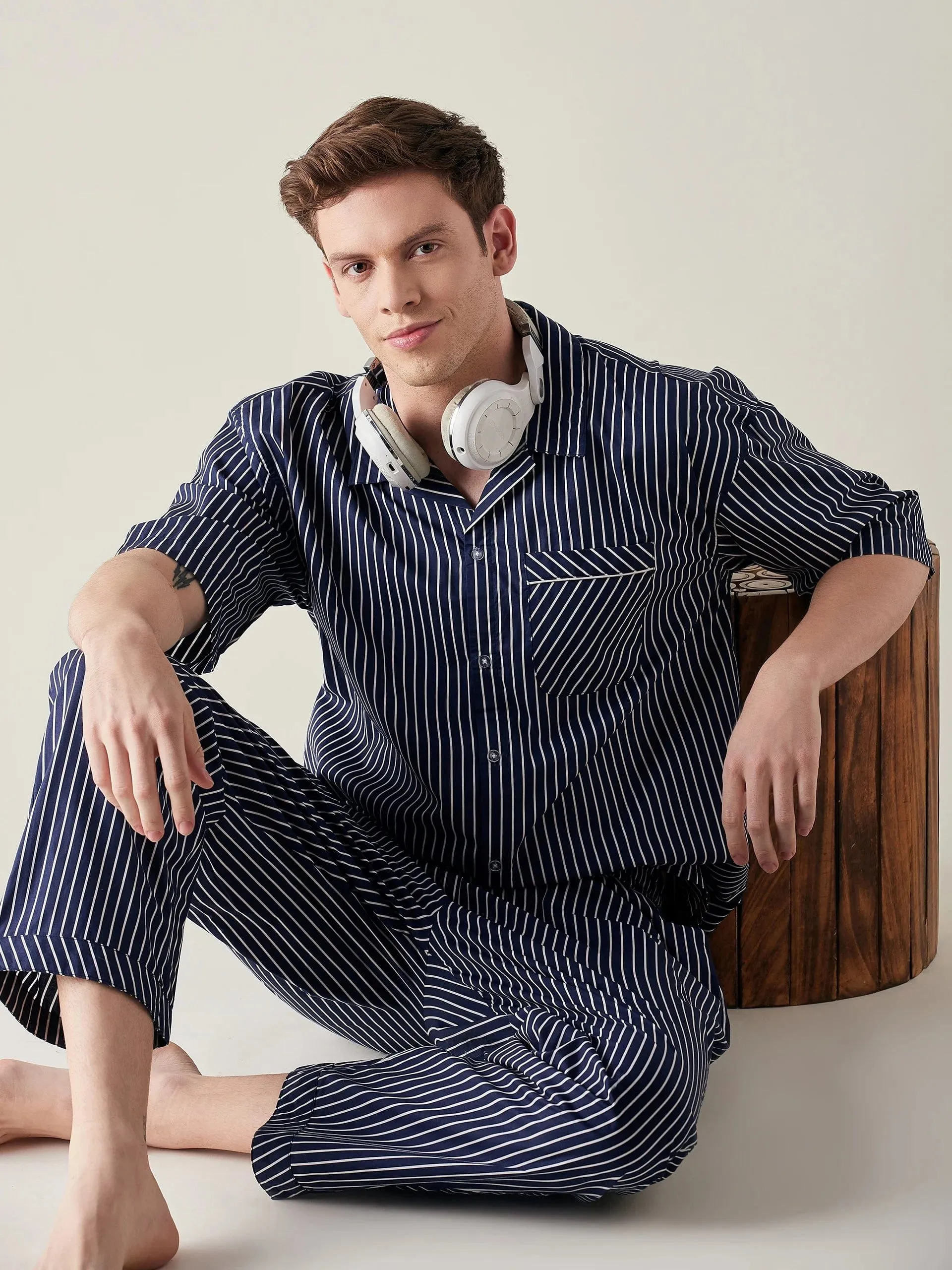 Mens Blue Pinstriped Pure Cotton Pyjama Set