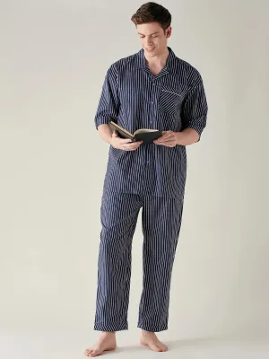 Mens Blue Pinstriped Pure Cotton Pyjama Set