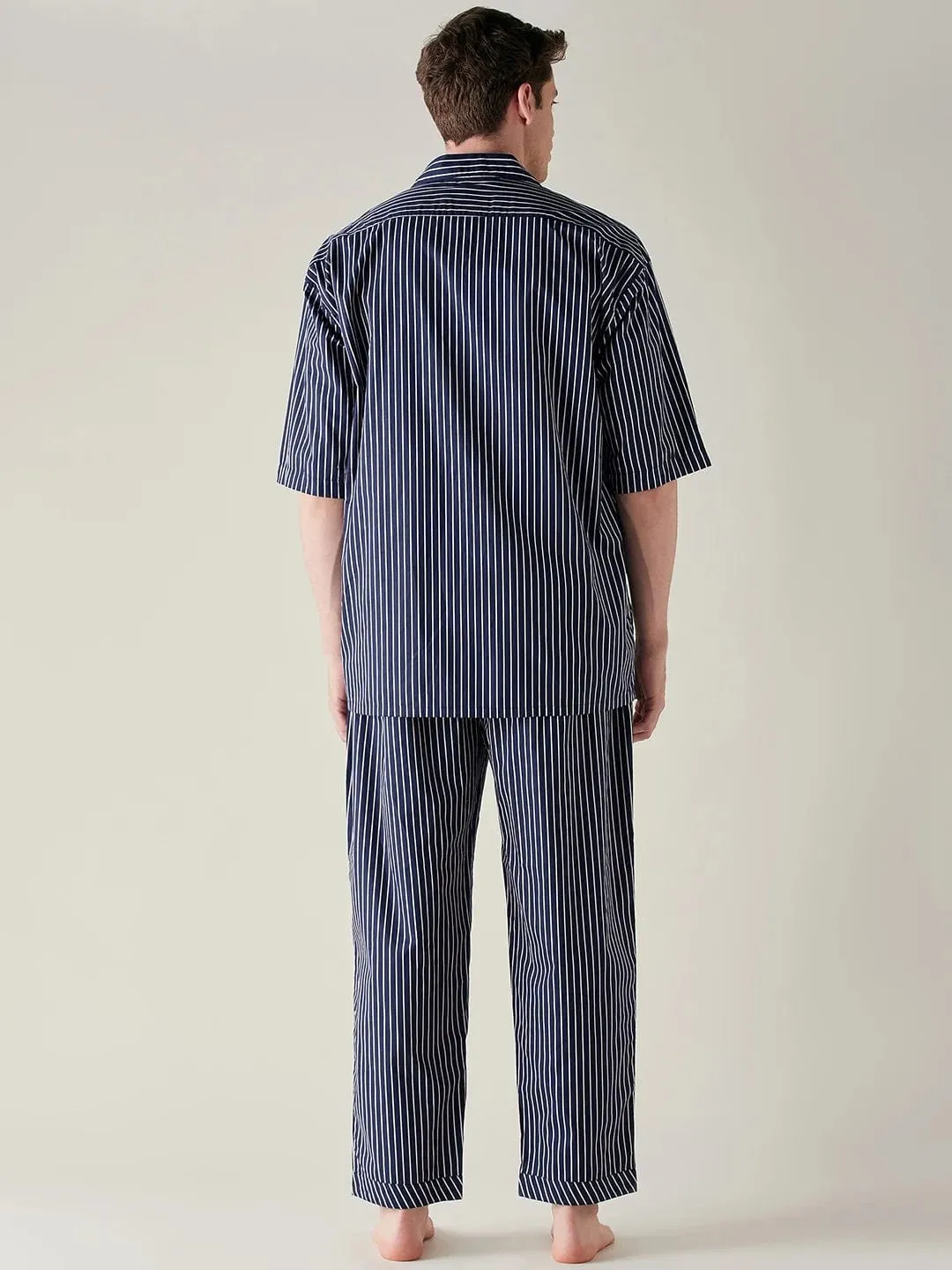 Mens Blue Pinstriped Pure Cotton Pyjama Set
