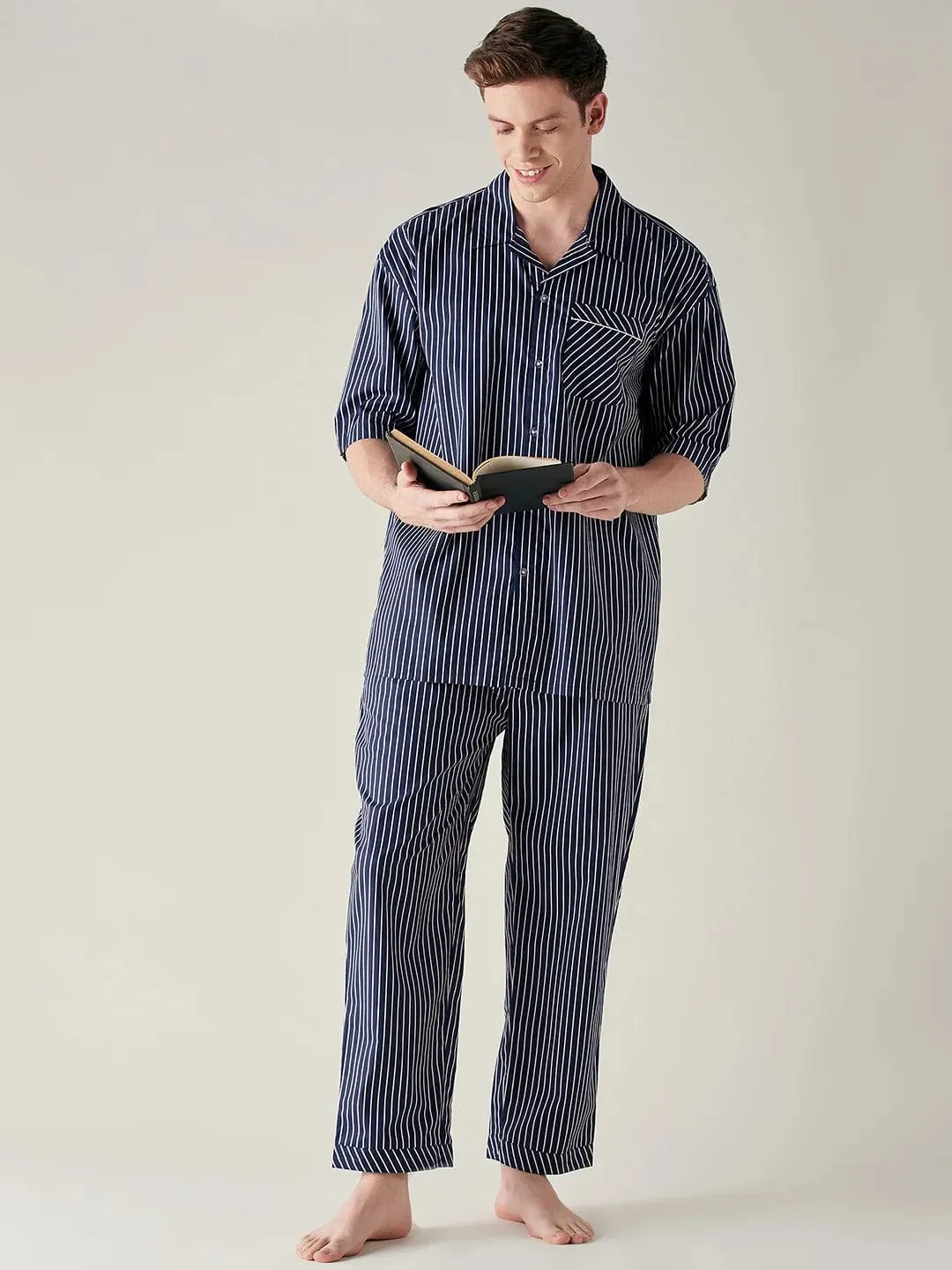 Mens Blue Pinstriped Pure Cotton Pyjama Set