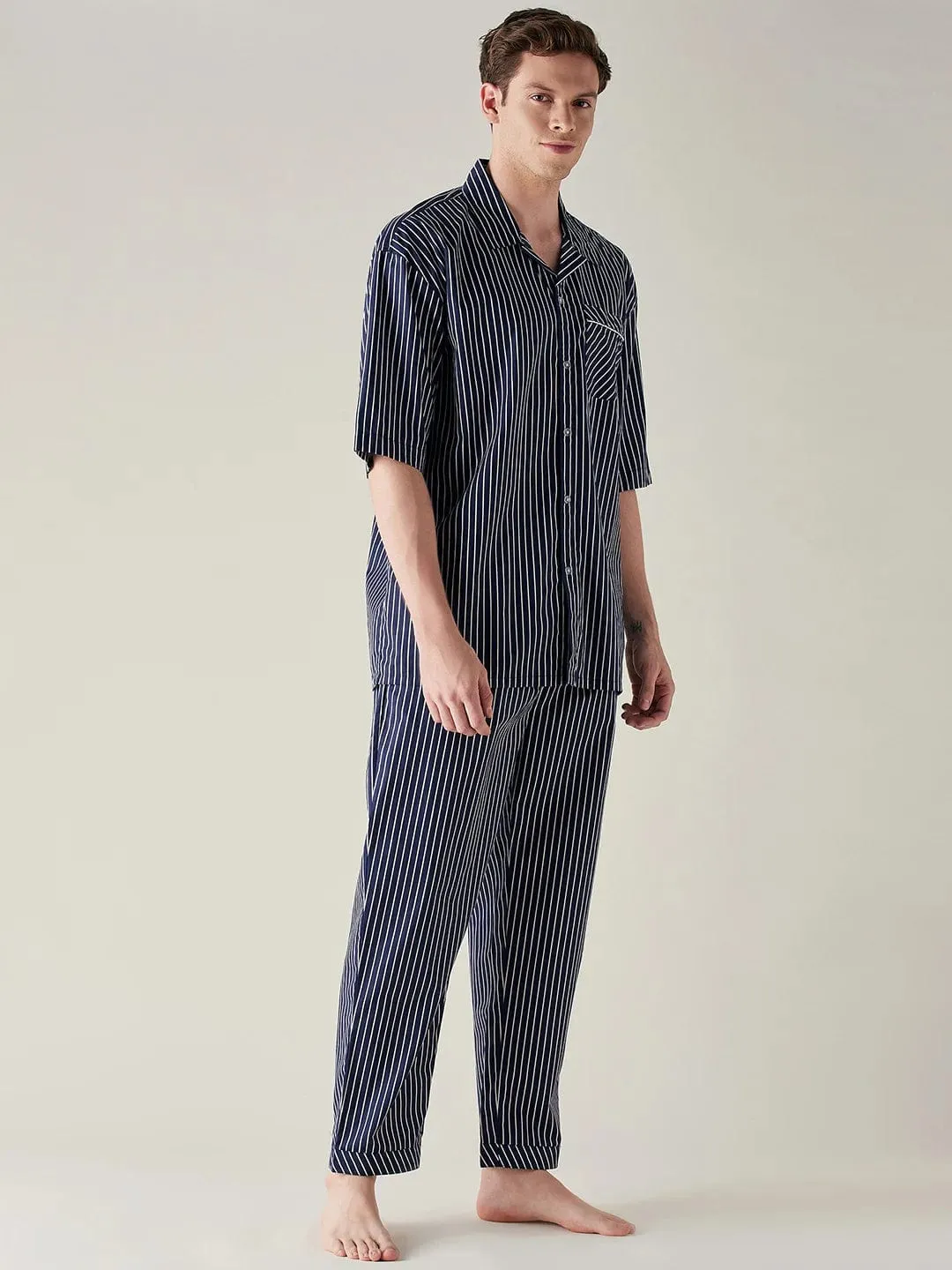 Mens Blue Pinstriped Pure Cotton Pyjama Set