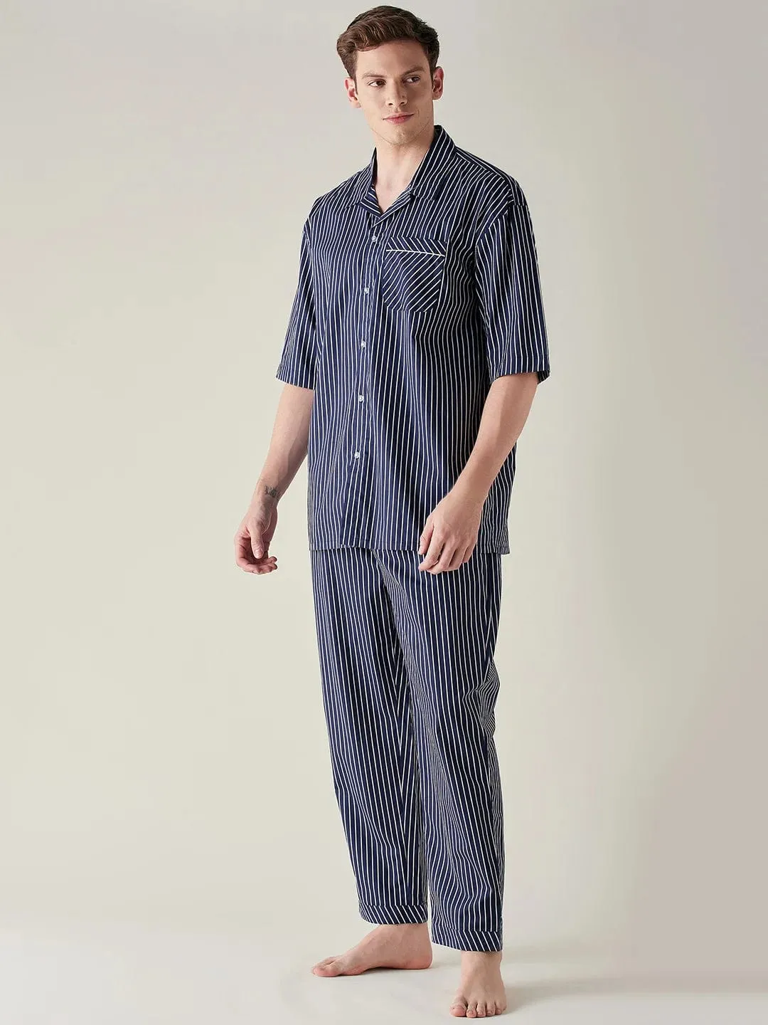 Mens Blue Pinstriped Pure Cotton Pyjama Set