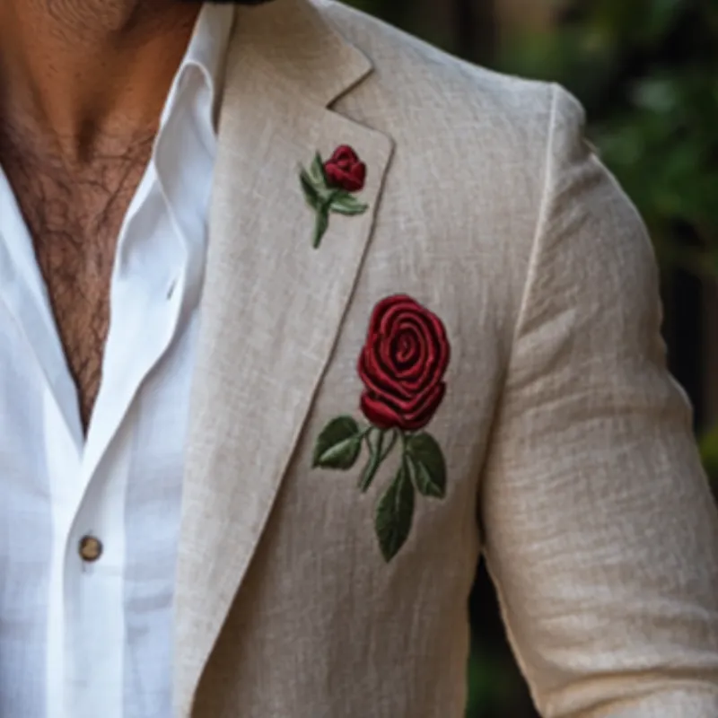 Men's Casual Slim Fit Rose Embroidered Linen Blazer 59736906K