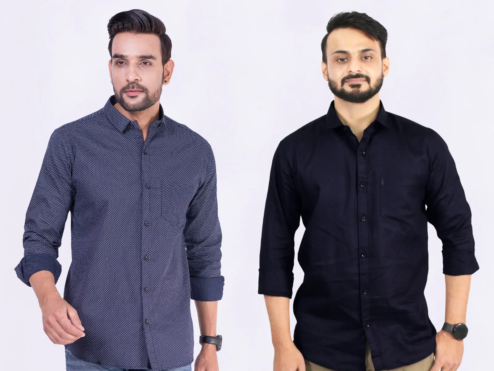 Men's Cotton Blue Dotted & Blue Plain Shirt Combo