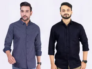 Men's Cotton Blue Dotted & Blue Plain Shirt Combo