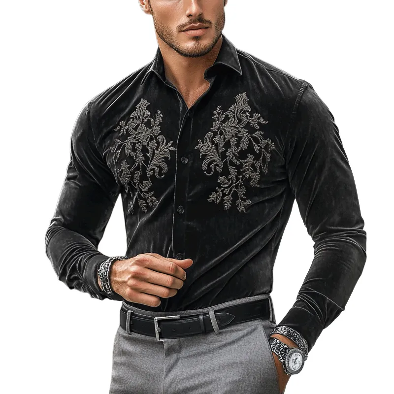 Men's Fashion Embroidery Lapel Long Sleeve Velvet Shirt 36309970Z