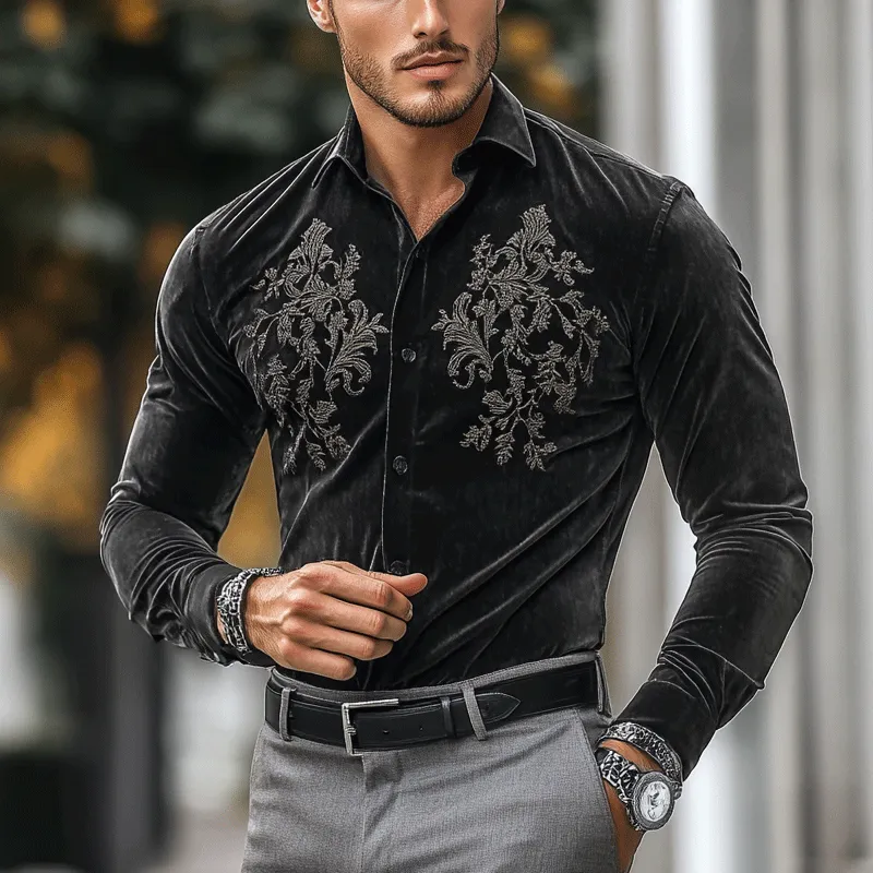 Men's Fashion Embroidery Lapel Long Sleeve Velvet Shirt 36309970Z