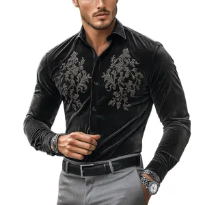 Men's Fashion Embroidery Lapel Long Sleeve Velvet Shirt 36309970Z