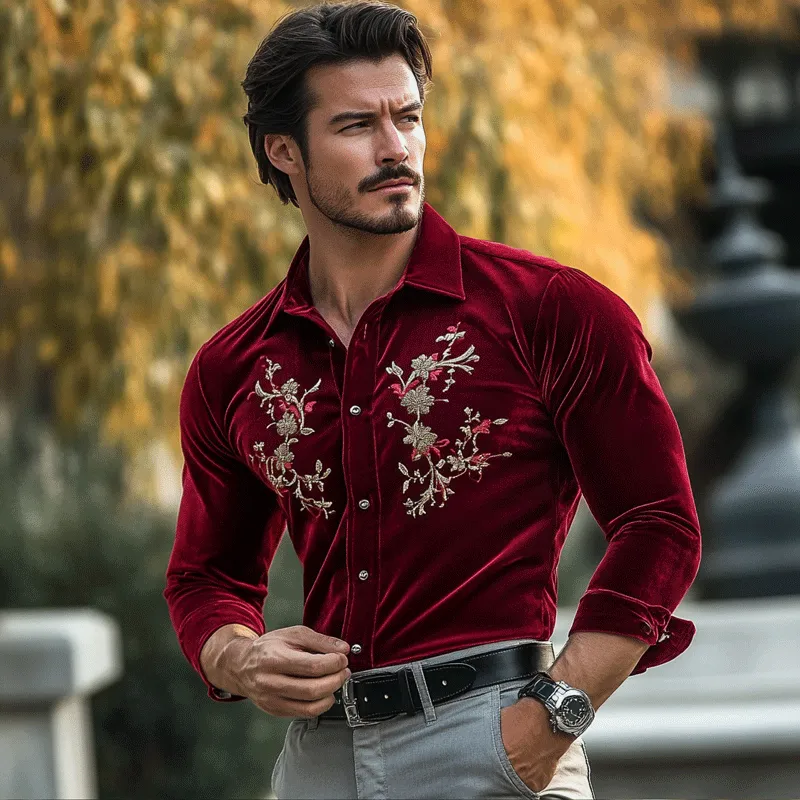Men's Fashion Embroidery Lapel Long Sleeve Velvet Shirt 62737746Z