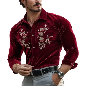 Men's Fashion Embroidery Lapel Long Sleeve Velvet Shirt 62737746Z