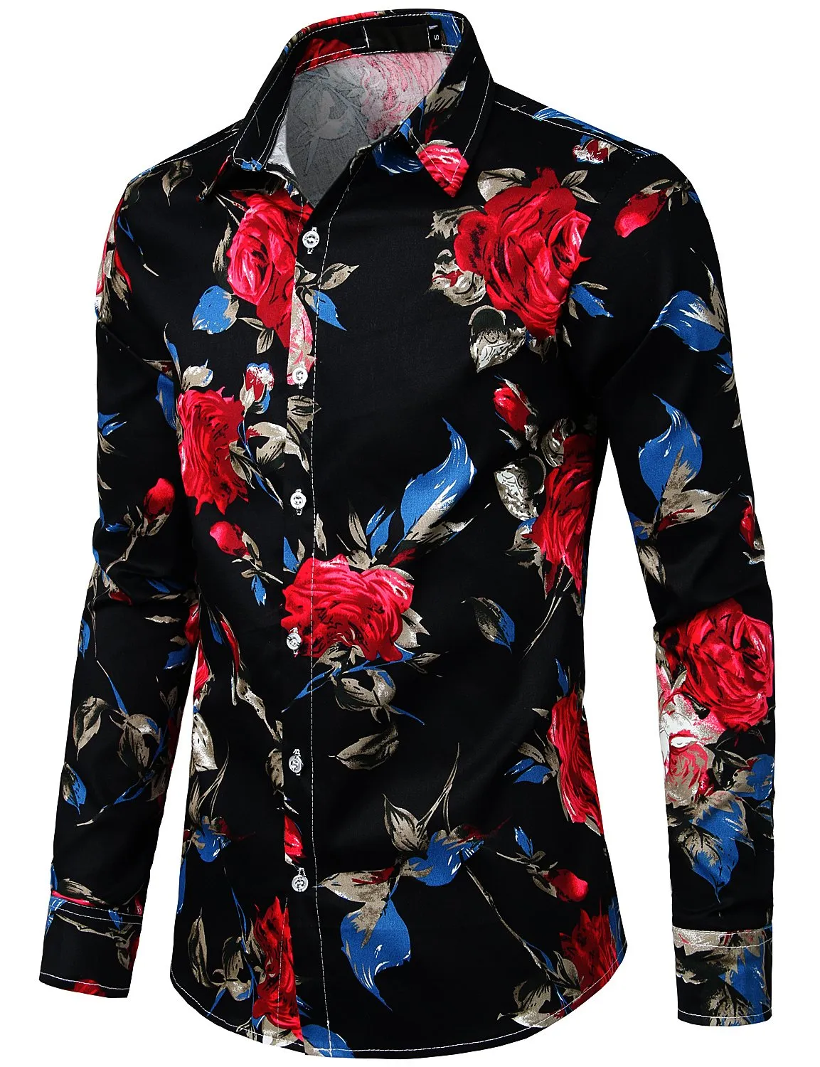 Men's Floral Cotton Rose Print Black Long Sleeve Shirt
