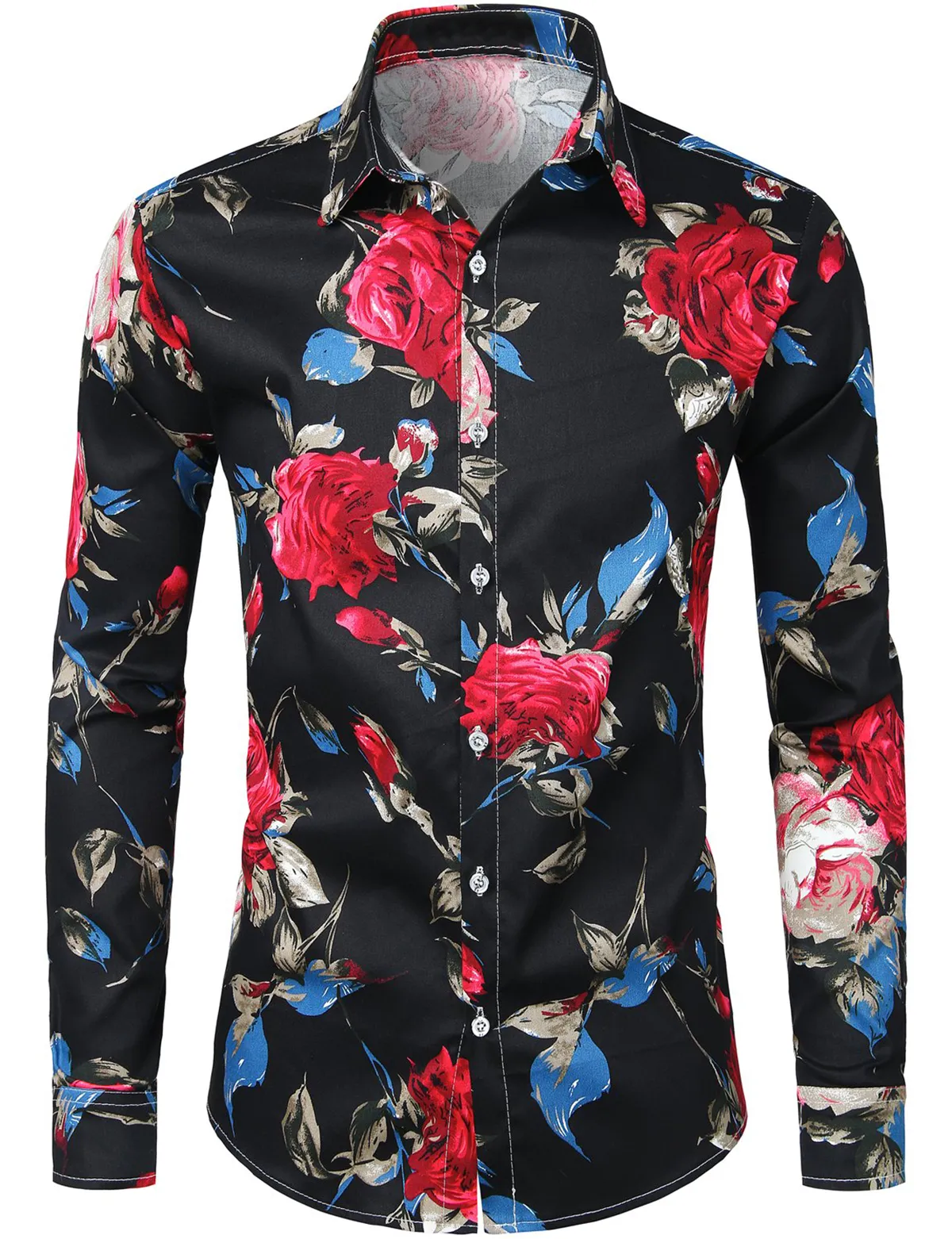Men's Floral Cotton Rose Print Black Long Sleeve Shirt