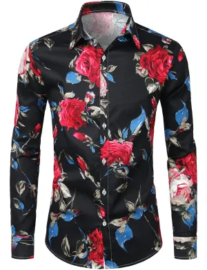 Men's Floral Cotton Rose Print Black Long Sleeve Shirt