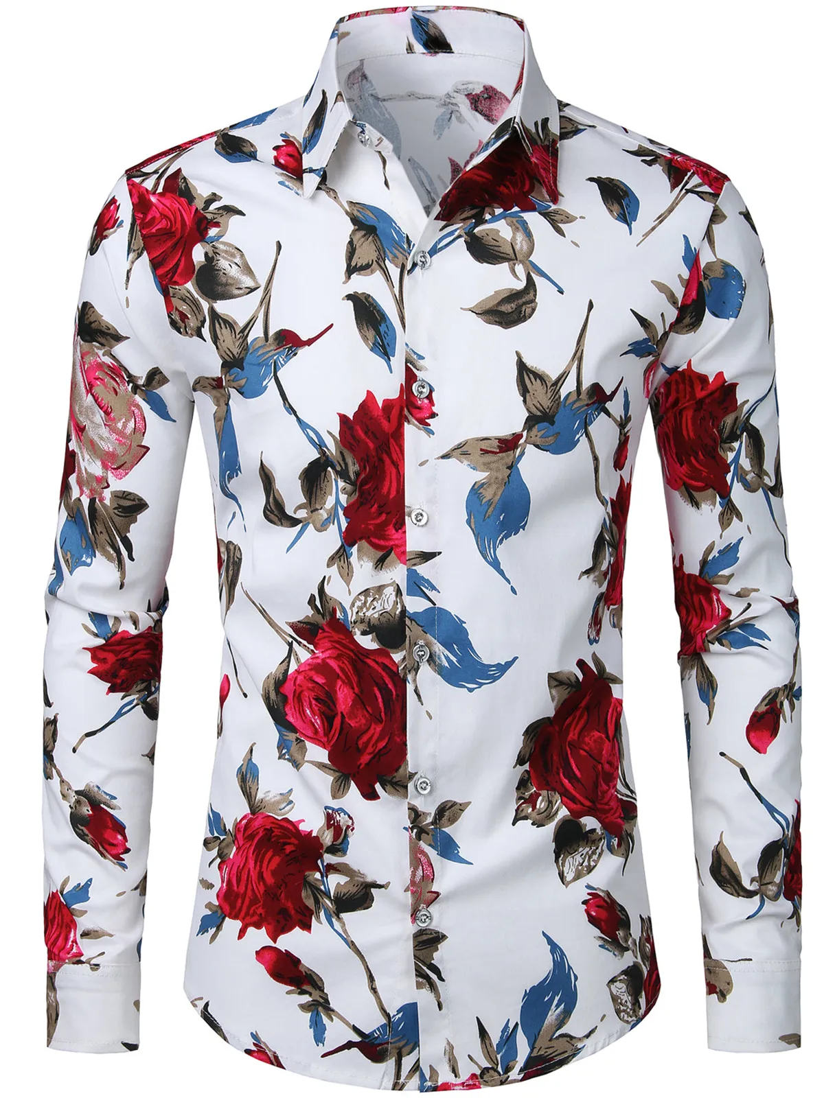 Men's Floral Long Sleeve Animal Print Cotton Casual Button Down Shirt