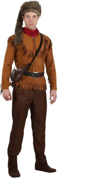 Mens Frontier Costume | Davy Crockett Polyester Outfit With Raccoon Hat, Belt, And Pouch | Halloween & Cosplay Attire