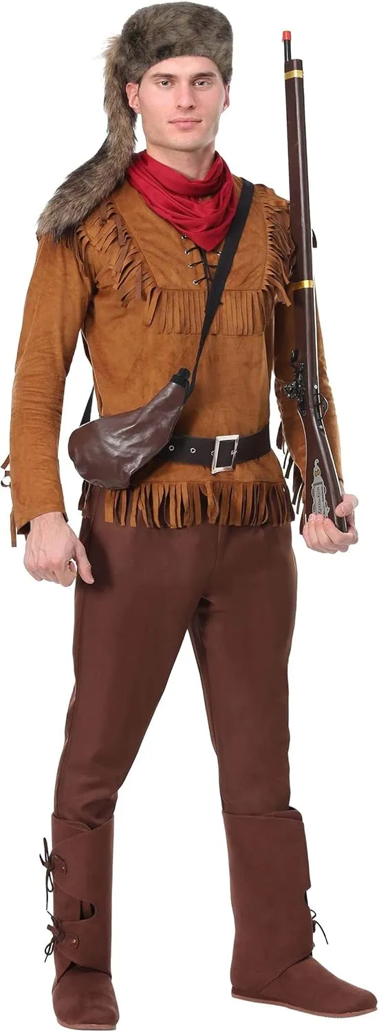 Mens Frontier Costume | Davy Crockett Polyester Outfit With Raccoon Hat, Belt, And Pouch | Halloween & Cosplay Attire