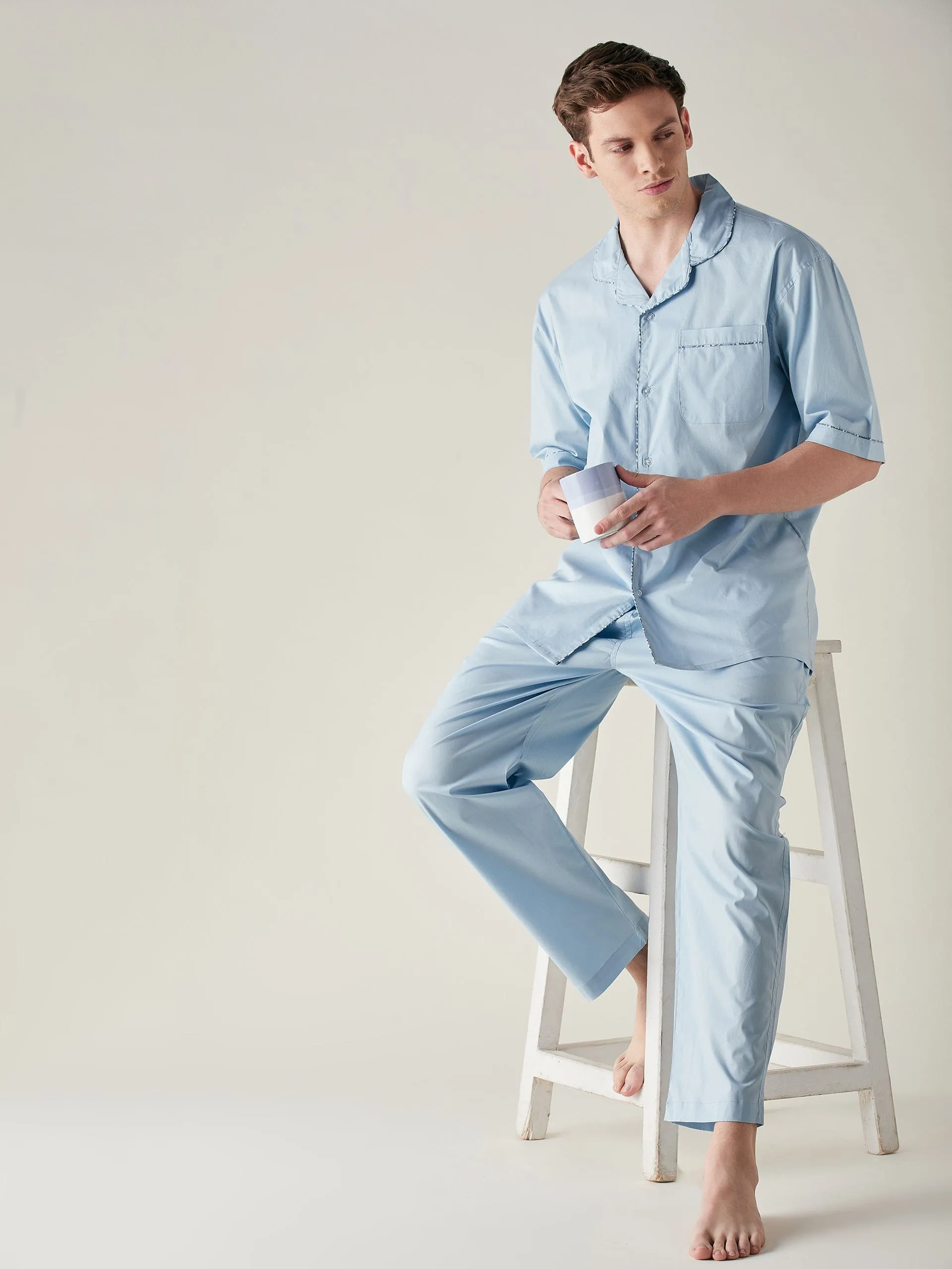 Mens Light Blue Pure Cotton Pyjama Set