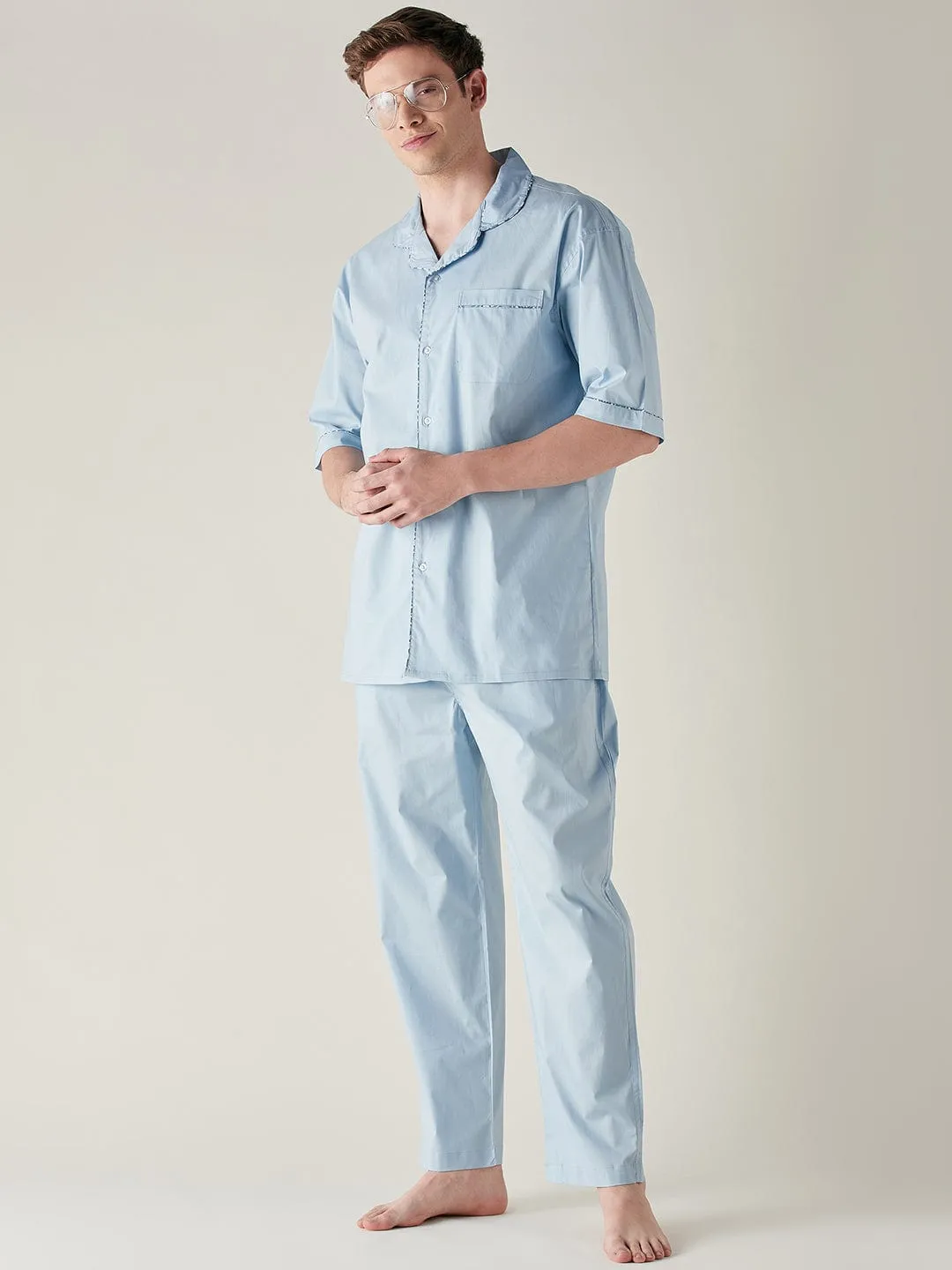 Mens Light Blue Pure Cotton Pyjama Set