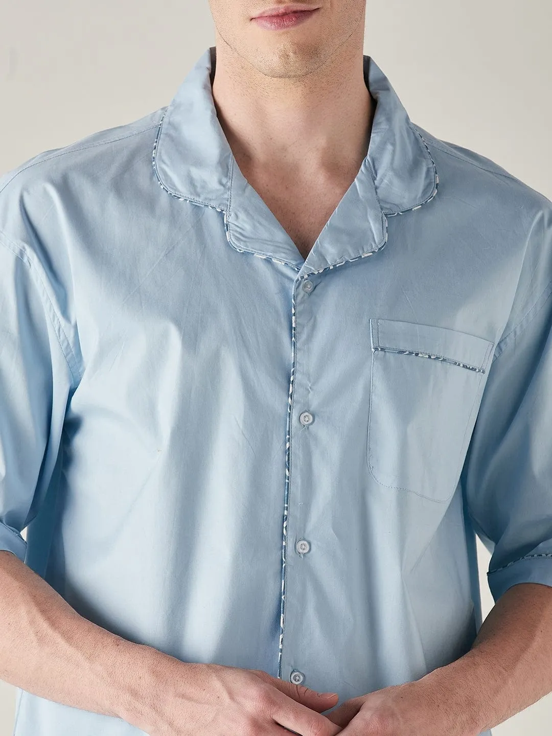 Mens Light Blue Pure Cotton Pyjama Set