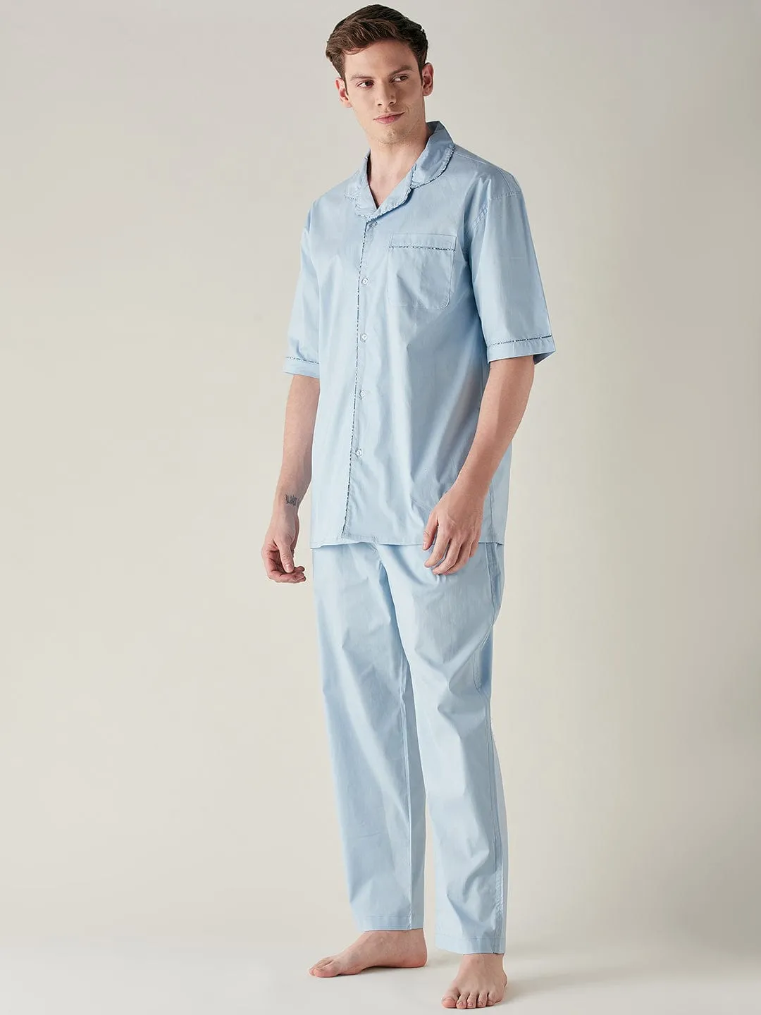 Mens Light Blue Pure Cotton Pyjama Set