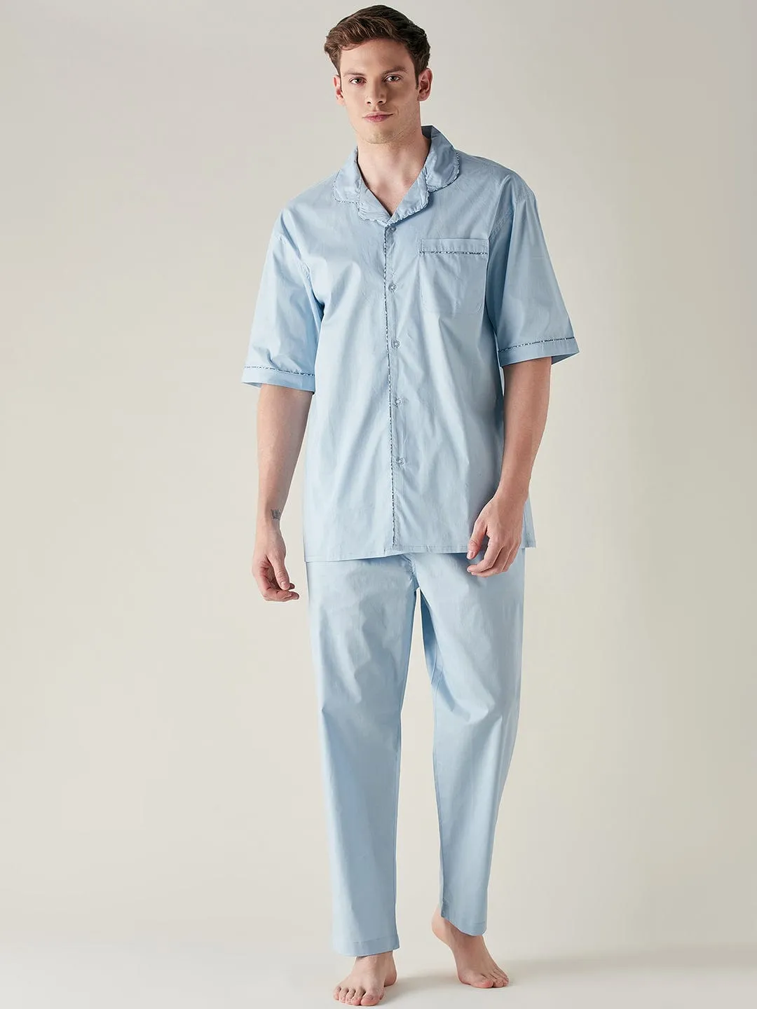 Mens Light Blue Pure Cotton Pyjama Set