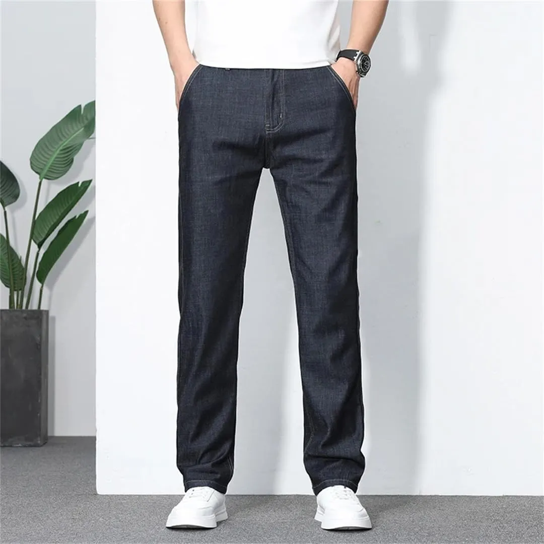 Men's Summer Thin Soft Cotton Jeans Classic Business Straight Denim Pants Work Trousers
