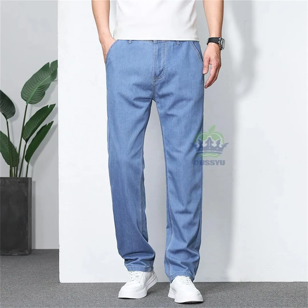 Men's Summer Thin Soft Cotton Jeans Classic Business Straight Denim Pants Work Trousers