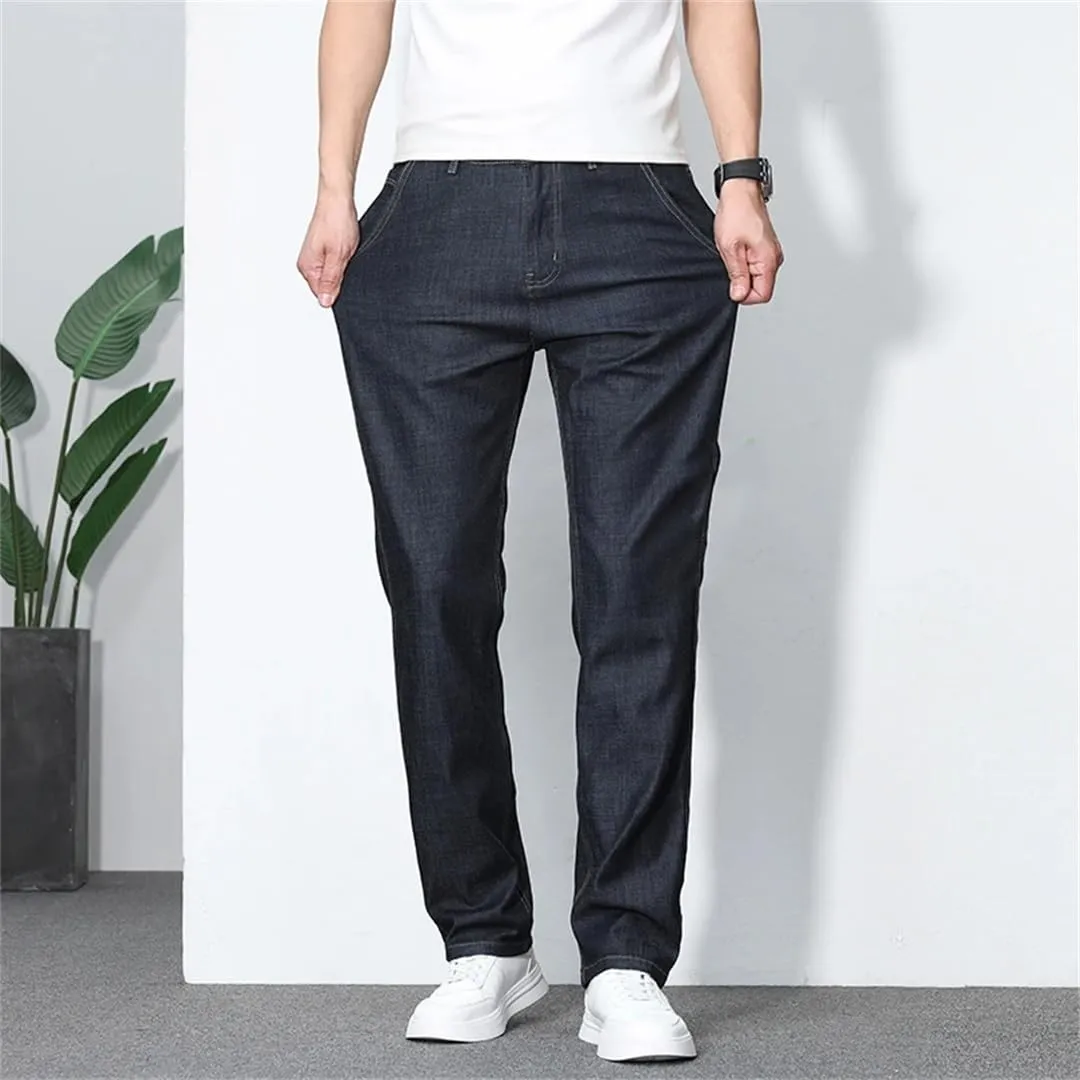 Men's Summer Thin Soft Cotton Jeans Classic Business Straight Denim Pants Work Trousers