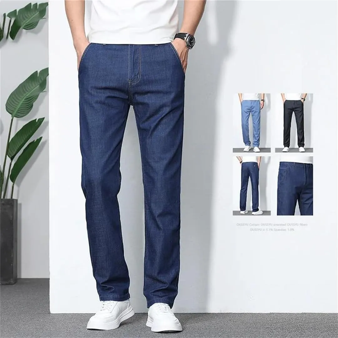 Men's Summer Thin Soft Cotton Jeans Classic Business Straight Denim Pants Work Trousers