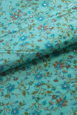 Multi Color Floral Foil Print On Mint Green Pure Mul Cotton Fabric
