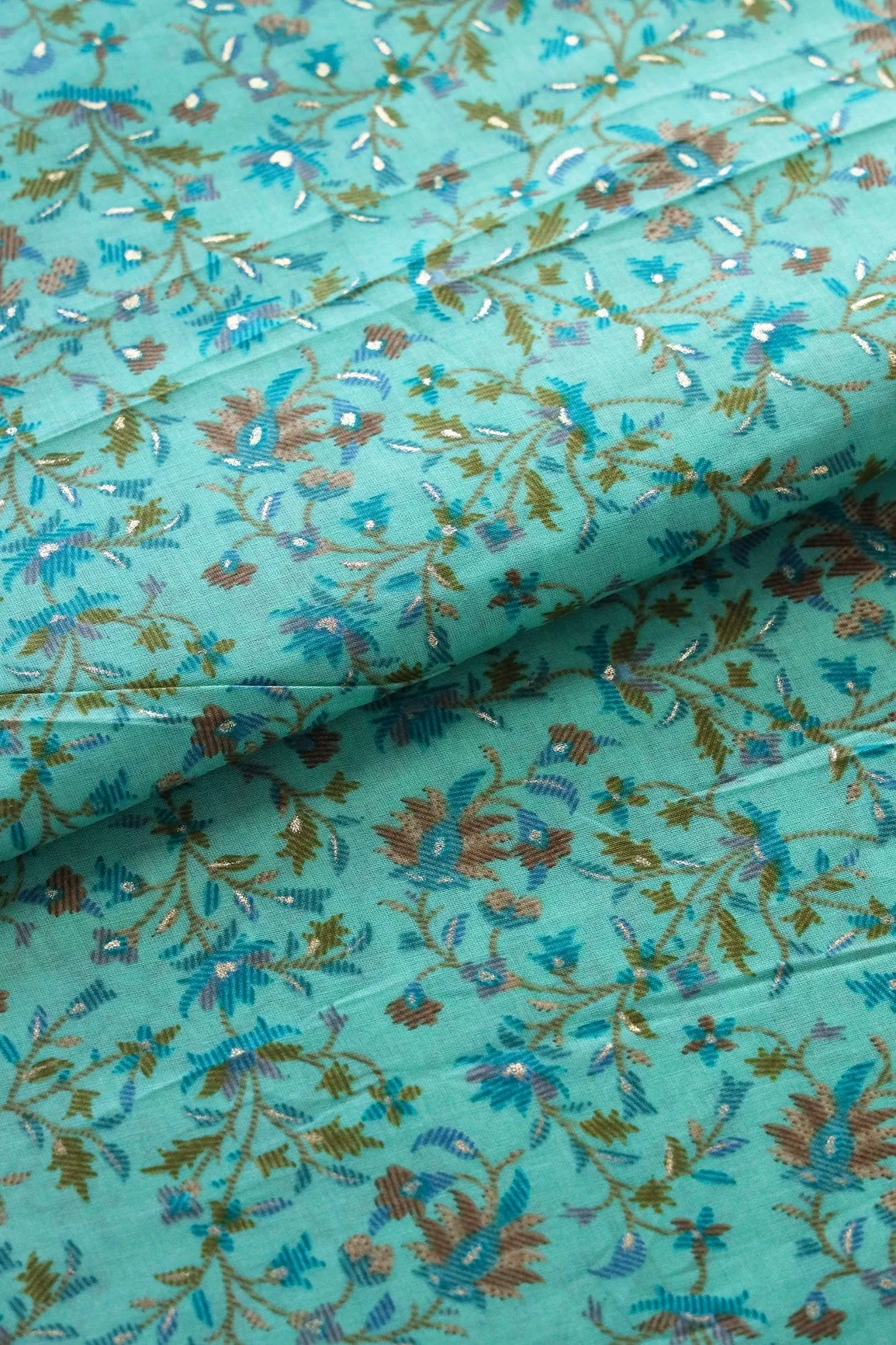 Multi Color Floral Foil Print On Mint Green Pure Mul Cotton Fabric
