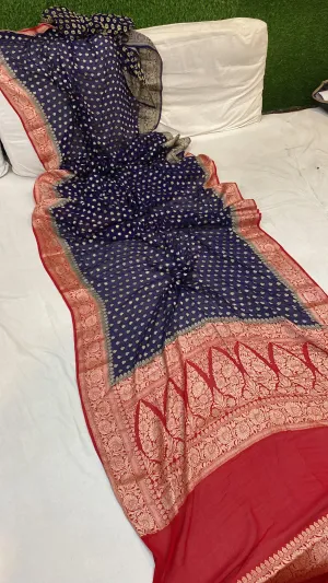 Navy Blue Pure Khaddi Georgette Banarasi Sari