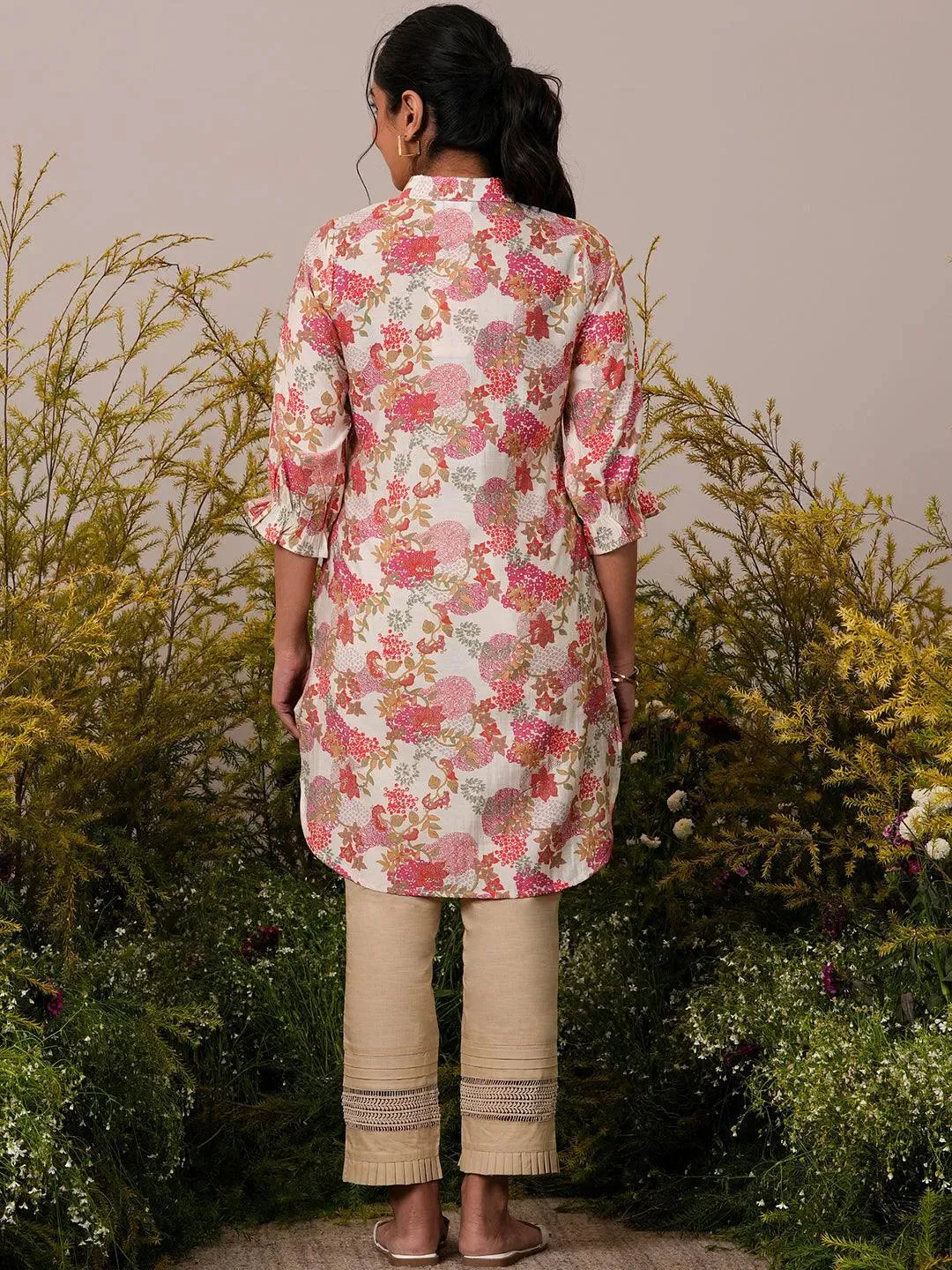 Off White Printed Silk Blend Pathani Kurti