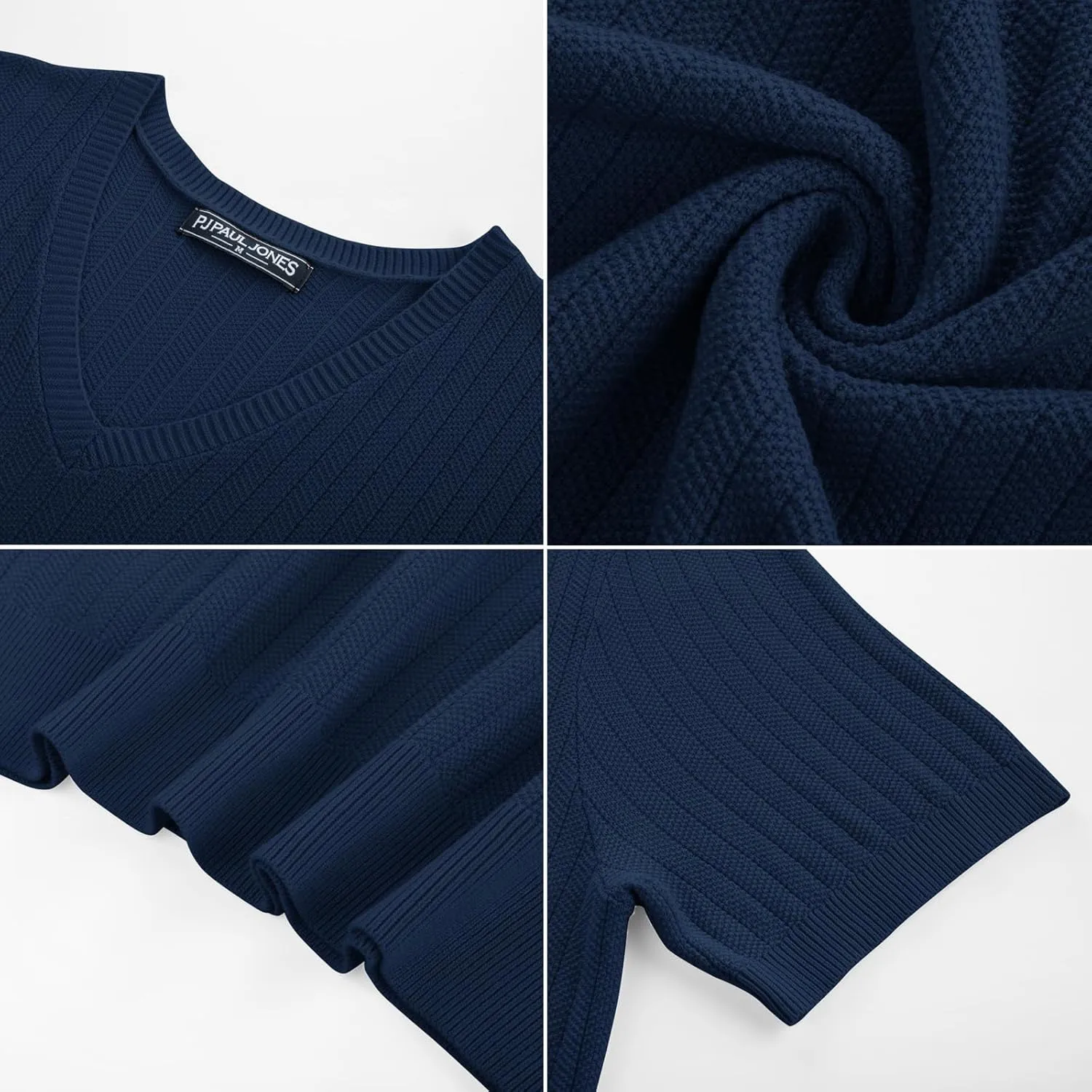 PJ PAUL JONES Men's T-Shirts Modern Fit V Neck Knit Shirts Textured Herringbone Knitwear