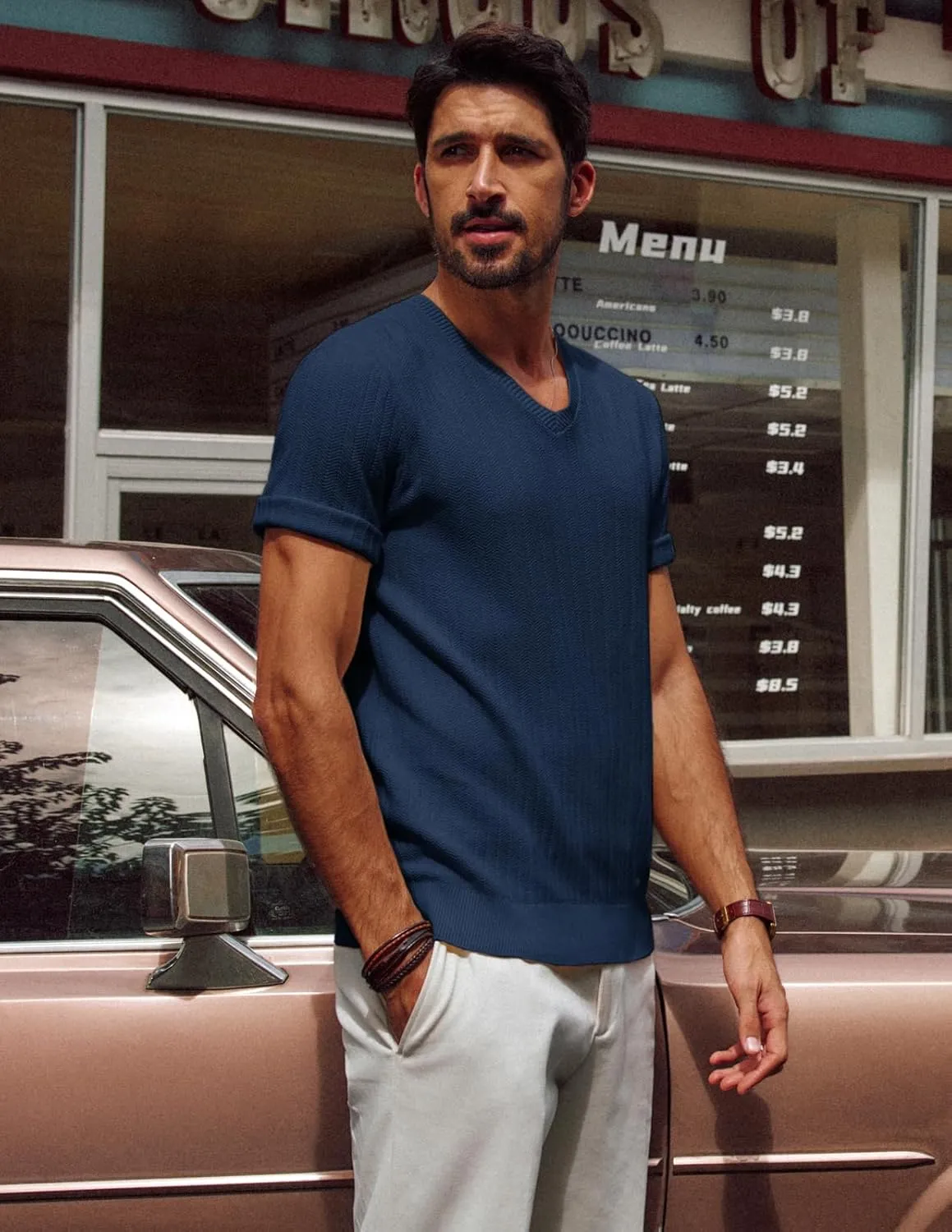 PJ PAUL JONES Men's T-Shirts Modern Fit V Neck Knit Shirts Textured Herringbone Knitwear