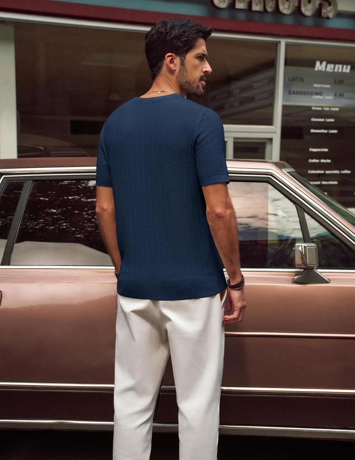 PJ PAUL JONES Men's T-Shirts Modern Fit V Neck Knit Shirts Textured Herringbone Knitwear